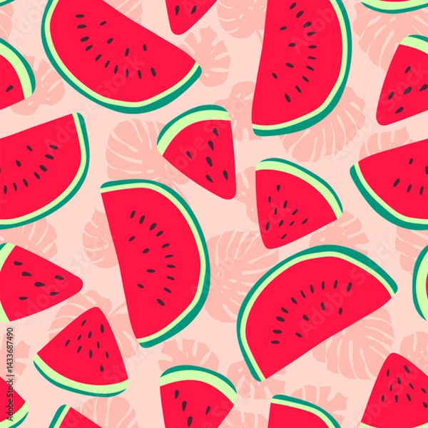 Fototapeta Vector watermelon hand drawn seamless pattern. Summer fresh fruits and palm leaves print. Watermelon red slices, monstera leaf repeat texture on pink background for fabric, textile, tropical decor.