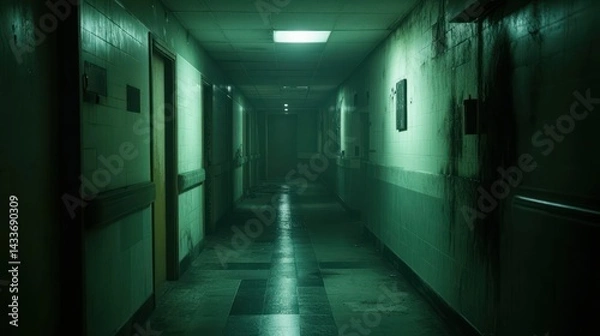 Fototapeta Hospital hallway shows long corridor, dimly lit, suggesting eerie, empty, claustrophobic atmosphere, creepy shadows.