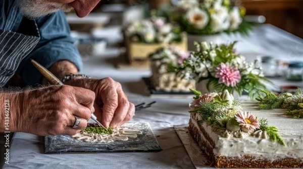 Fototapeta Close up of elderly man's hands meticulously decorating a cake with small green details. Floral arrangements and other cakes are visible in the background.