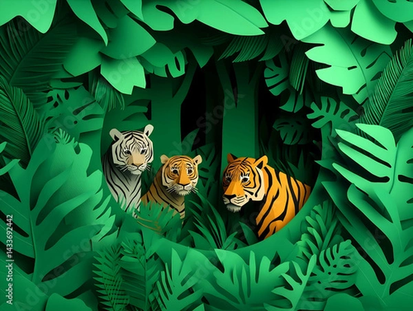 Fototapeta Three tigers nestled amidst lush vibrant green foliage  Paper art style
