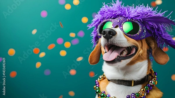 Fototapeta Playful Beagle Dog In Festive Costume With Beads And Party Accessories