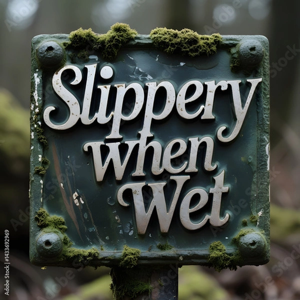 Fototapeta "Slippery When Wet" Sign: A weathered metal sign, adorned with the inscription "Slippery When Wet", stands as a clear warning amidst the moist conditions of a natural setting.