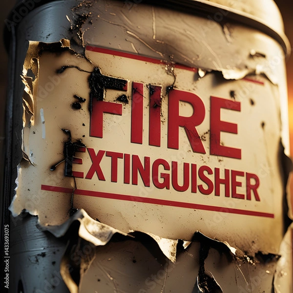 Fototapeta Extinguisher Label Close-up: A close-up of an extinguisher, showcasing the word "FIRE" in bold red font. The label shows signs of wear and tear
