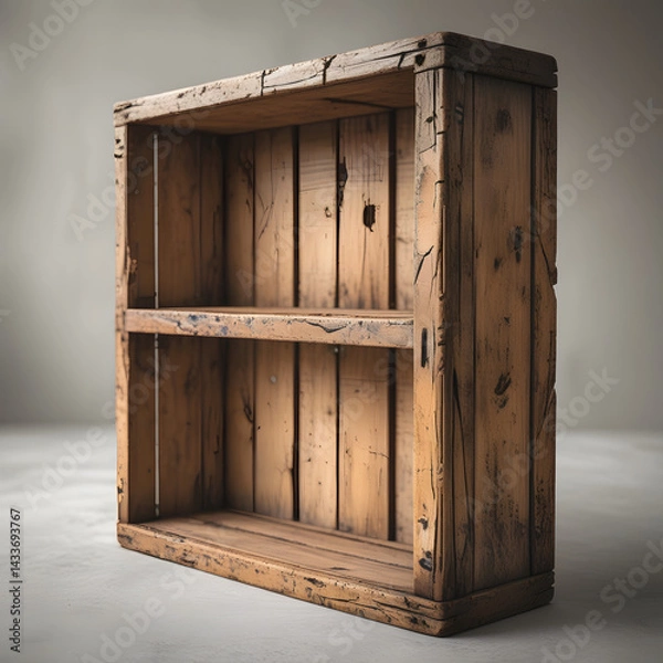 Obraz Rustic Bookshelf in a cozy home: A sturdy, handcrafted wooden bookshelf with a weathered appearance stands empty.