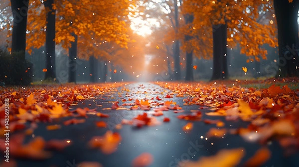 Fototapeta Fallen maple leaves covering an empty forest road under golden autumn trees with dreamy falling foliage