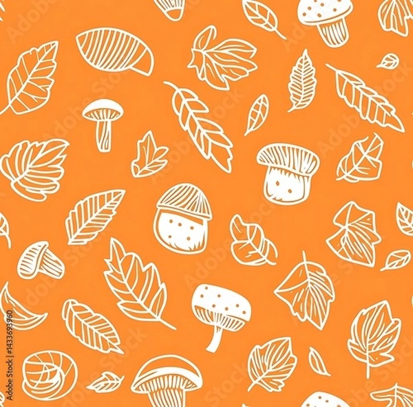 Obraz Yellow and orange background with a white outline seamless pattern of acorns, leaves, and mushrooms