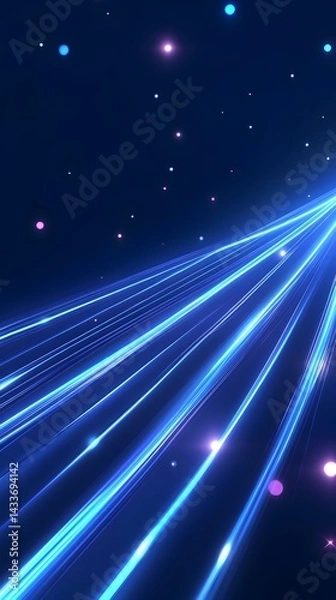 Fototapeta Glowing blue streaks converge, creating a dynamic, light-filled abstract design against a dark blue backdrop scattered with small, colorful lights