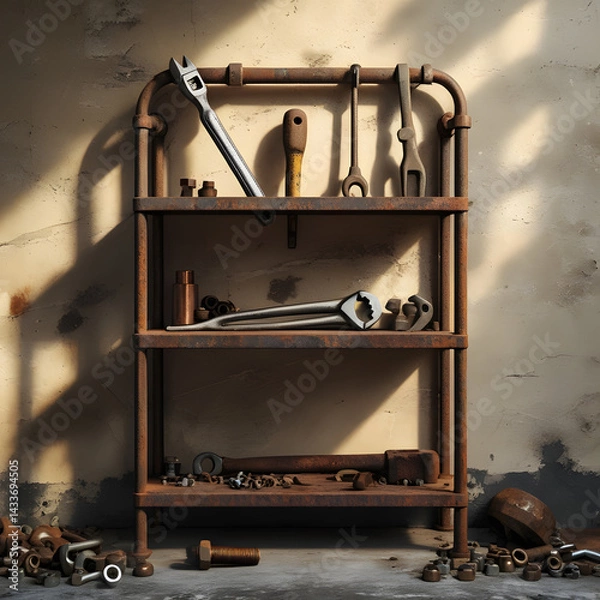 Fototapeta Rustic Tools Display: An array of well-used tools, exhibiting a rich patina of age, is meticulously arranged on a rugged metal shelf, each piece telling a story of craftsmanship and dedication.