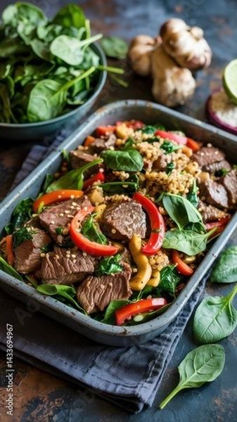 Fototapeta Colorful beef and quinoa salad with fresh vegetables on a rustic table setting