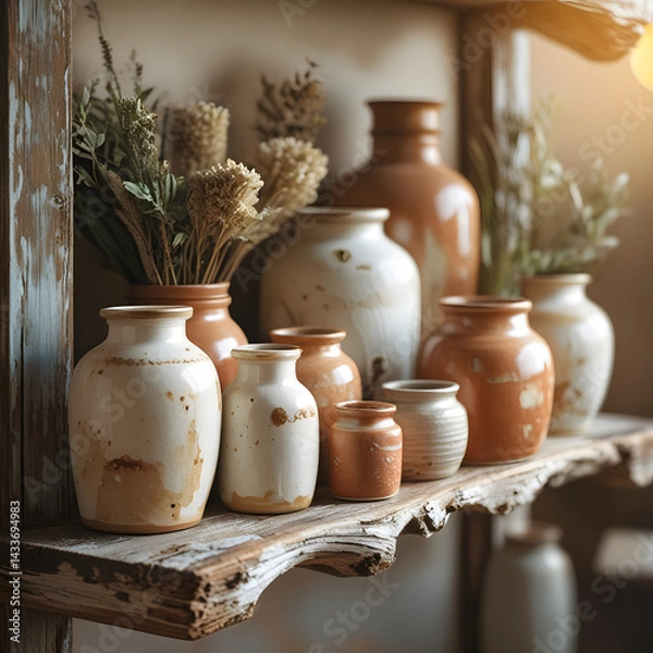 Obraz Rustic Pottery Display: An artful array of handcrafted pottery vases of varying shapes and sizes, gracefully arranged on a distressed wooden shelf against a soft, warm backdrop.
