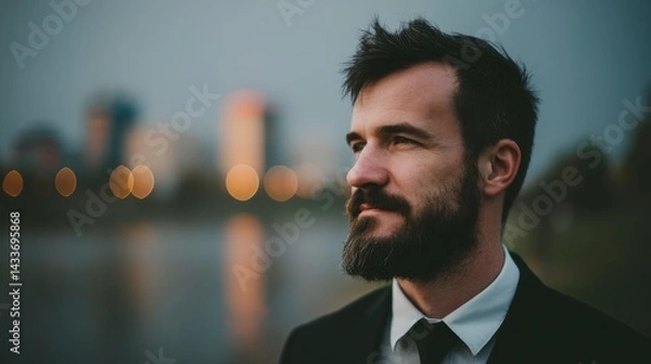 Fototapeta Portrait of a man with a beard, wearing a suit and tie, looking thoughtfully into the distance, against a blurred city lights background at dusk.