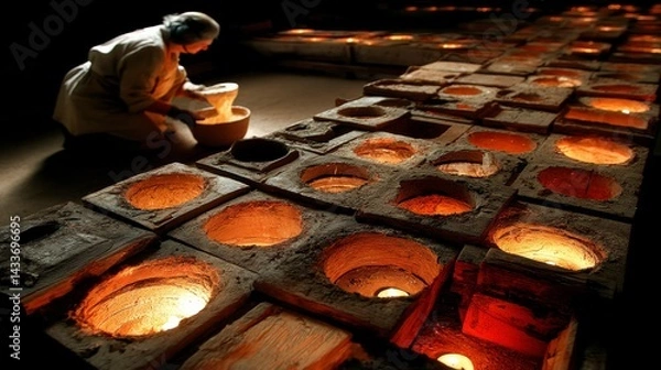 Fototapeta A woman kneels, adding ingredients to a bowl, amidst numerous glowing, circular kilns in a dimly lit workshop.