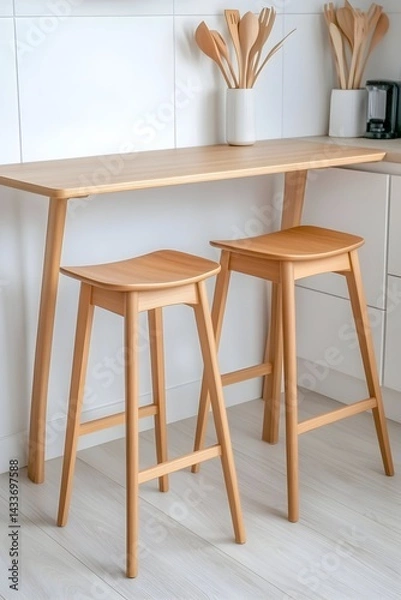Fototapeta Two light wood counter stools sit beside a matching wooden counter  Utensils are visible in a vase