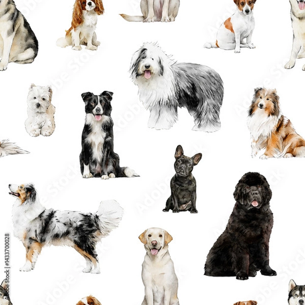Fototapeta Dog breeds seamless pattern isolated. Hand-drawn watercolor repeated pattern: Australian Shepherd, Old English Sheepdog, Border Collie, Labrador, Sheltie pets for fabric, packaging paper design