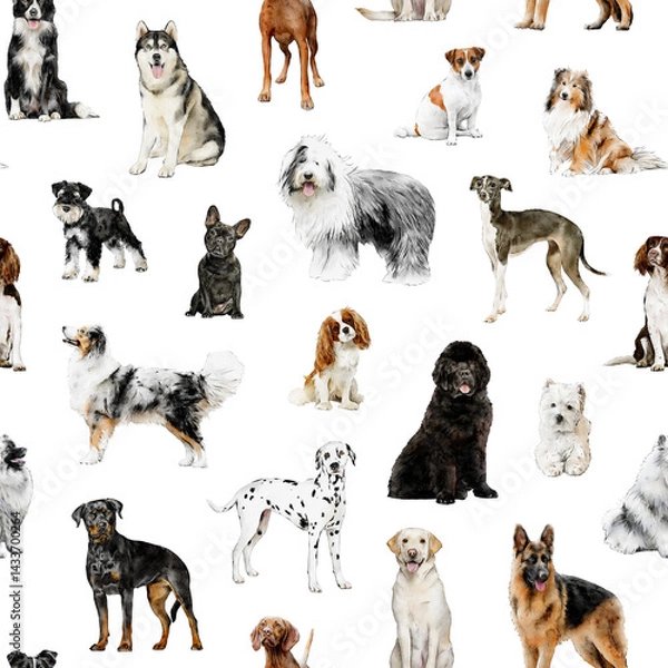 Fototapeta Dog breeds seamless pattern isolated. Hand-drawn watercolor repeated pattern: Australian Shepherd, labrador, Sheltie, Old English Sheepdog, Border Collie pets for fabric, packaging paper design