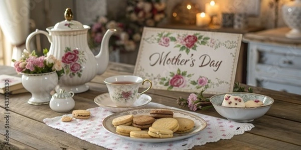 Fototapeta vintage tea set with cookies and card on rustic table