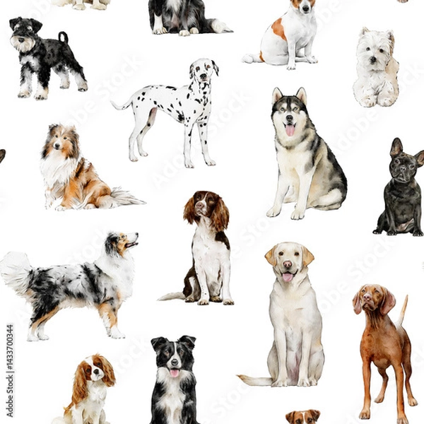 Fototapeta Dog seamless pattern isolated. Hand-drawn watercolor repeated pattern: Border Collie, Australian Shepherd, Labrador, Husky, English Springer Spaniel, Vizsla pets for fabric, packaging paper design