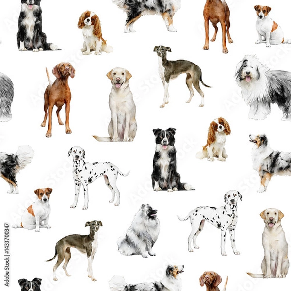 Fototapeta Dog seamless pattern isolated. Hand-drawn watercolor repeated pattern: border collie, Australian Shepherd, labrador, dalmatian, vizsla, italian greyhound pets for fabric, packaging paper design