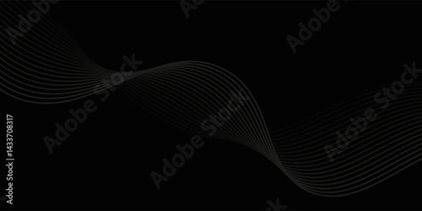 Fototapeta Black abstract background design. Modern wavy line pattern (guilloche curves) in monochrome colors. Premium stripe texture for banner, business backdrop. Dark horizontal vector template