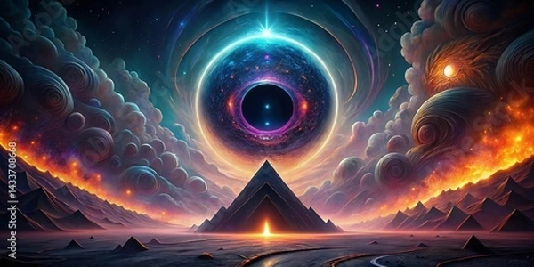 Fototapeta A cosmic journey captured in graffiti form, with a black hole and glowing neon lines that pop against the dark, infinite backdrop