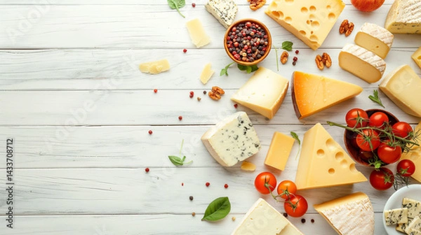 Obraz Various types of cheese on white wooden table, top view