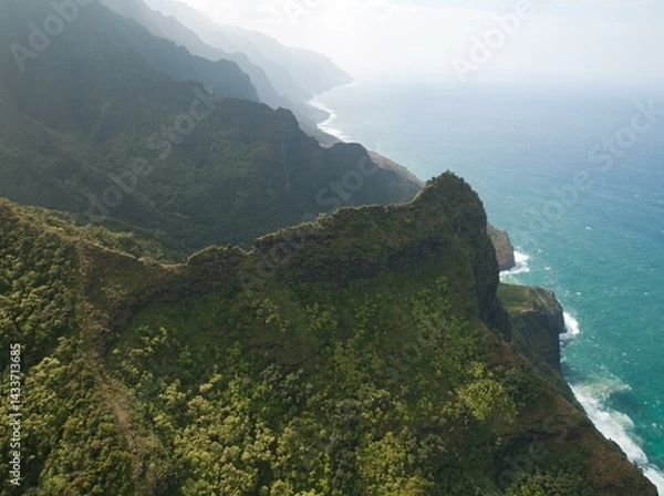 Fototapeta Kauai Green Cliffs Above Pacific Ocean With Misty Horizon