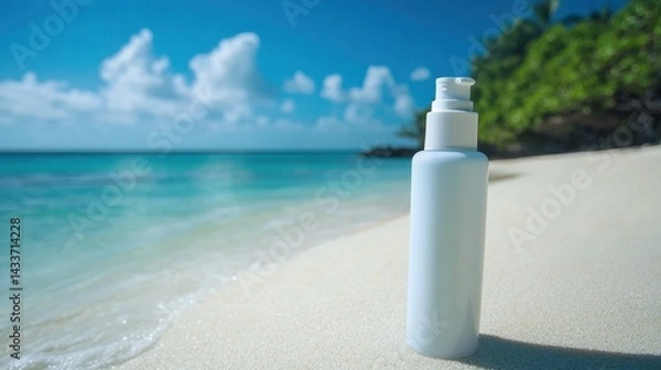 Fototapeta White Bottle on Sandy Beach with Beautiful Ocean and Sky Background