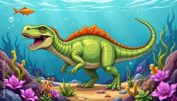 Fototapeta Dinosaur encounter underwater scene digital artwork ocean environment vibrant viewpoint imagination and fantasy