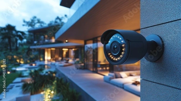 Fototapeta Security camera mounted on a modern house exterior at dusk or twilight.