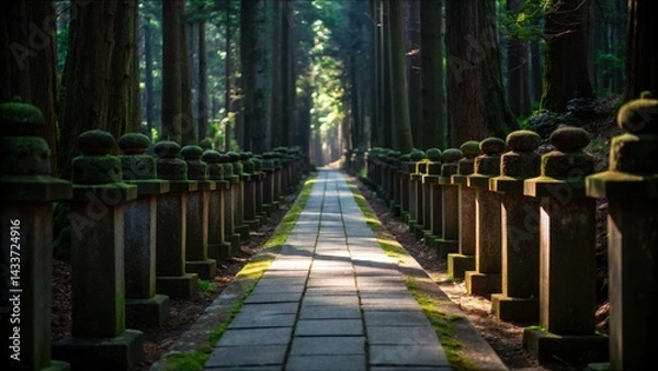 Fototapeta Serene Forest Path with Stone Markers Surrounded by Tall Trees
