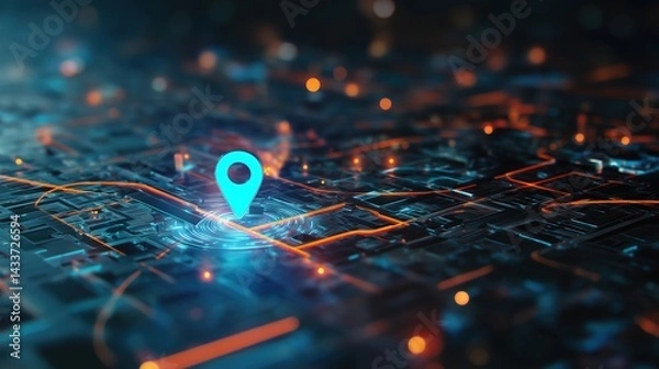 Fototapeta 3D rendering of glowing location pin icon on digital city map with blue and orange lighting effects, surrounded by circuit patterns and abstract highway lines connecting urban structures. Concept of A