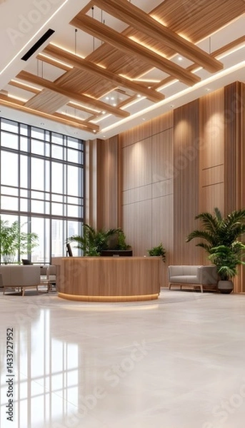 Obraz Modern lobby with wood paneling, a circular reception desk, and large windows, illuminated by warm lighting