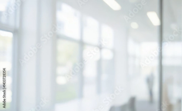 Fototapeta Blurred image of bright interior space with large windows and white walls. Ultra bokeh photo without focus with a soft and warm touch of light.