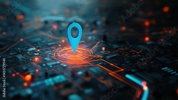 Fototapeta 3D rendering of glowing location pin icon on digital city map with blue and orange lighting effects, surrounded by circuit patterns and abstract highway lines connecting urban structures. Concept of A