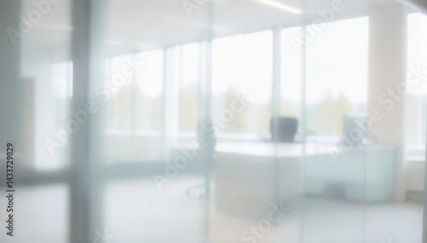 Fototapeta Blurred office interior with desk chair and large windows providing natural light. Modern bokeh photo with a touch of soft and warm light.