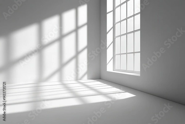 Fototapeta Sunlight streams through a large window in a minimalist white room, casting long shadows on the floor and walls