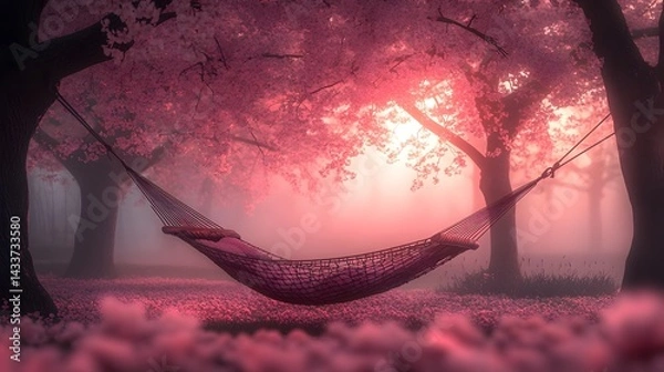 Obraz Early Morning Ethereal Scene of a Swinging Hammock amid Blooming Cherry-Blossom Trees with Floating Petals and a Soft Luminous Atmosphere
