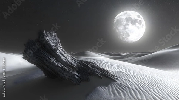 Obraz Surreal Nocturnal Panorama: Luminous Moon Illuminates Undulating Silver Dunes with Contrasting Patterns and a Lone Driftwood Evoking Quiet Introspection in the Desert