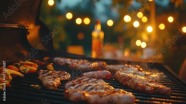 Obraz Grilled steak sizzles, complemented by sausages, vegetables, backyard ambiance creates inviting atmosphere, evening glows.