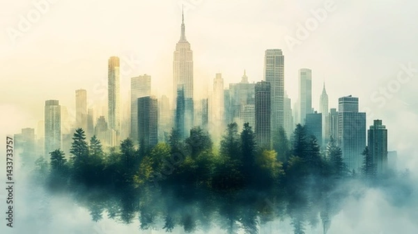 Obraz Intricate Digital Collage Depicting Urban-Nature Fusion with Melting Skyscrapers and Flowing Buildings in a Surreal Landscape