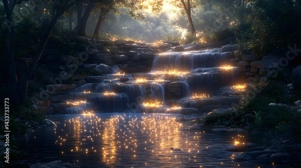 Obraz Enchanted Nocturnal Cascade: A Lush Spring Woodland Scene Featuring Sparkling Streams and Ephemeral Fireflies Painting Shimmering Paths in the Dark