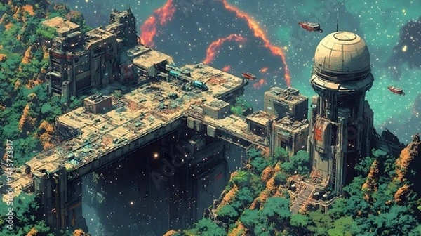 Obraz Detailed Isometric View of a Decaying Galactic Spaceport with Overgrown Vegetation and a Hovering Alien Spacecraft Amid a Starry Nebula Backdrop