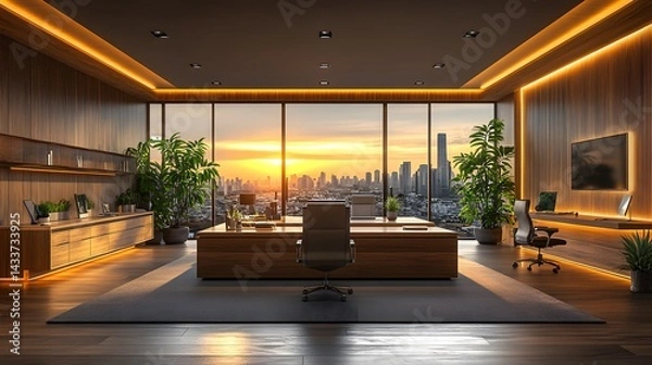 Obraz 3D Rendered Sleek Modern Office Interior with Minimalist Design and Panoramic Cityscape Views Enhancing a Polished, Ambient Workspace