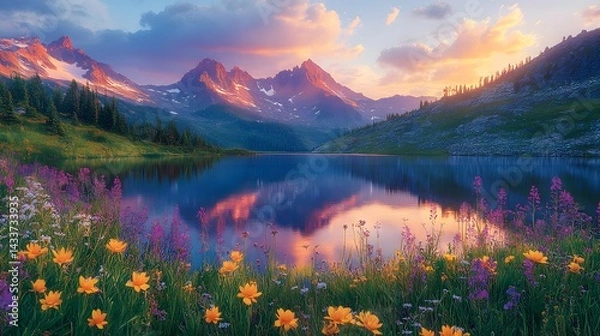 Obraz Harmonious Mountain Lake at Sunset with Radiant Scarlet Peaks Mirrored in Pristine Water, Surrounded by Rich, Colorful Wild Flora Creating an Immersive HDR Natural Scene