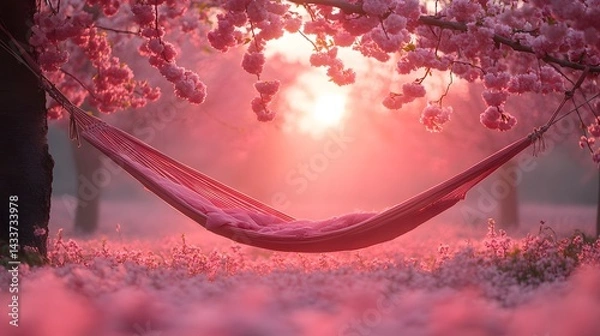 Obraz Serene Sunrise Scene with a Gently Swaying Hammock Amidst Cherry-Blossom Trees and a Dreamy Pastel Glow Evoking Calm and Tranquility