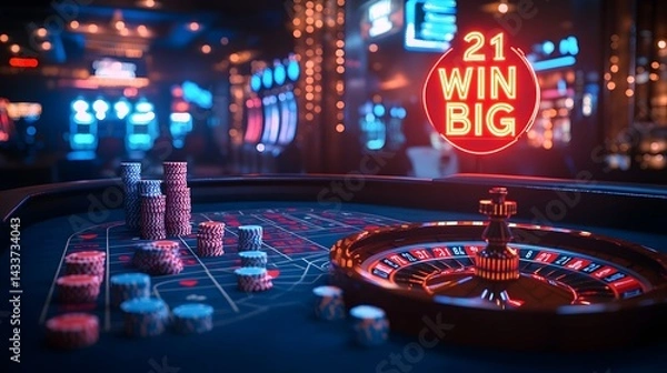Obraz Intricate Low Poly Casino Table After Dark Featuring a Spinning Roulette Wheel, Scattered '21' Blackjack Cards and Chips Illuminated by Glowing 'WIN BIG' Neon Inscription in a Surreal Digital Style