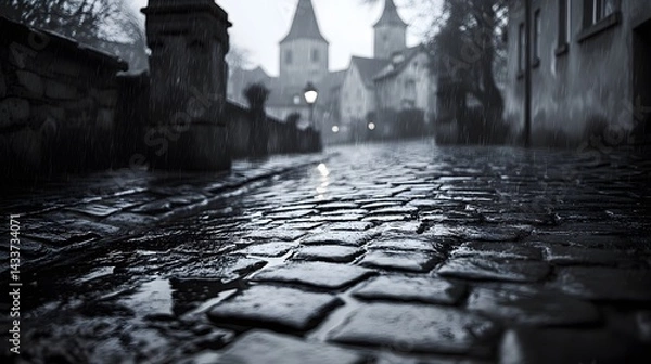 Obraz Cinematic Grayscale Allure: Textured Reflections in a Rain-Imbued Ancient Cobblestone Street Under Gloomy Night