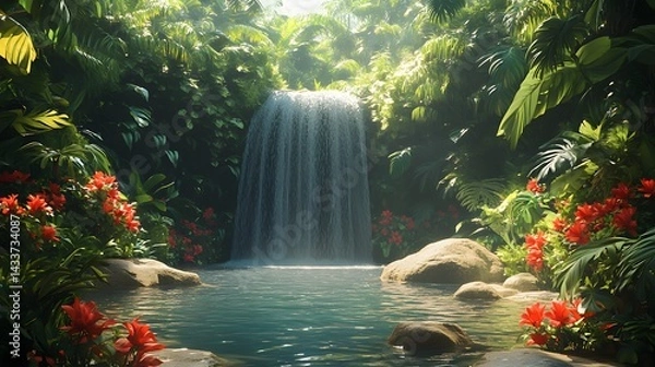 Obraz Stunningly Detailed Low Poly Jungle with Cascading Waterfall, Lush Foliage, and Exotic Blooming Flowers
