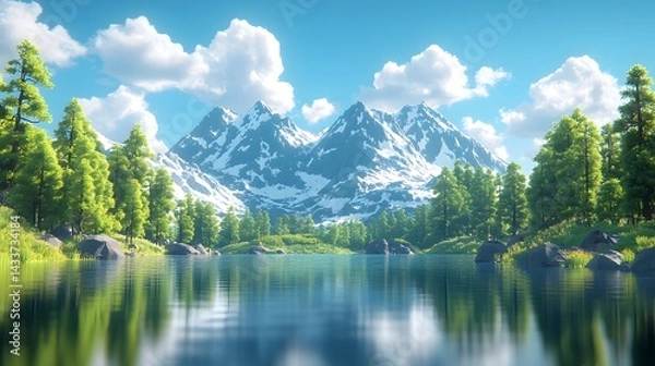 Obraz Intricate low-poly rendering of an alpine landscape featuring blocky forms, a reflective lake, and stylized trees beneath a bright, crisp sky