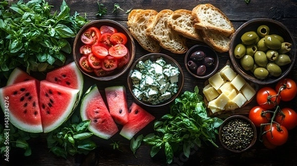 Obraz Detailed Flat Lay Arrangement of Fresh Picnic Ingredients Under Golden Sunlight on a Rustic Wooden Table